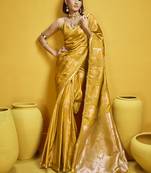 Mustard yellow color satin silk blend handloom weaving saree