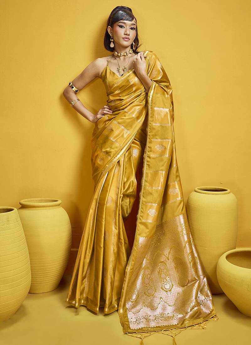 Mustard yellow color satin silk blend handloom weaving saree