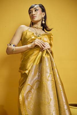 Mustard yellow color satin silk blend handloom weaving saree 2