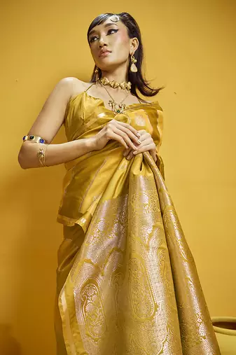 Mustard yellow color satin silk blend handloom weaving saree