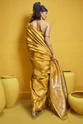 Mustard yellow color satin silk blend handloom weaving saree 3