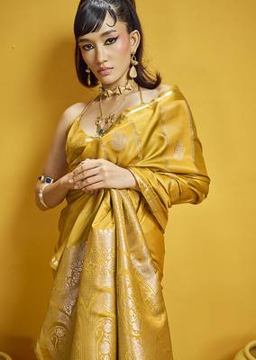 Mustard yellow color satin silk blend handloom weaving saree 4