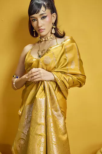 Mustard yellow color satin silk blend handloom weaving saree