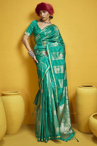 Sea green color satin silk blend handloom weaving saree
