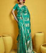 Sea green color satin silk blend handloom weaving saree