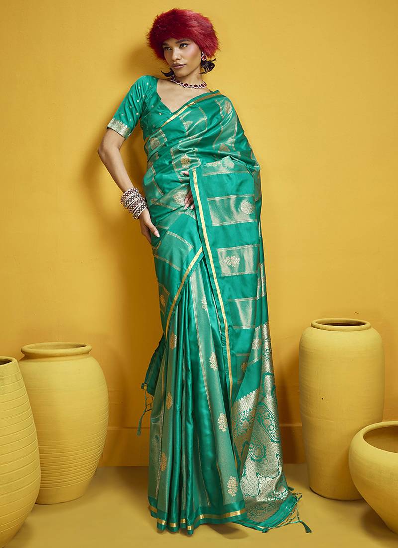 Sea green color satin silk blend handloom weaving saree