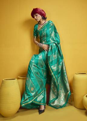 Sea green color satin silk blend handloom weaving saree 2