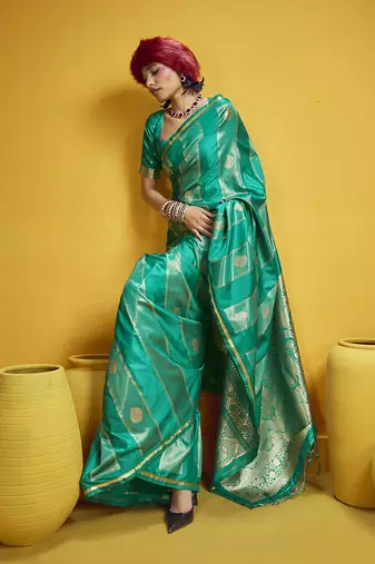 Sea green color satin silk blend handloom weaving saree