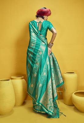 Sea green color satin silk blend handloom weaving saree 3
