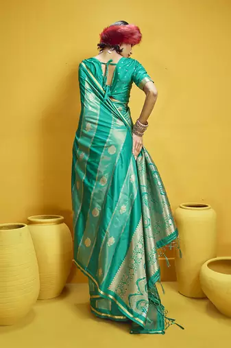 Sea green color satin silk blend handloom weaving saree