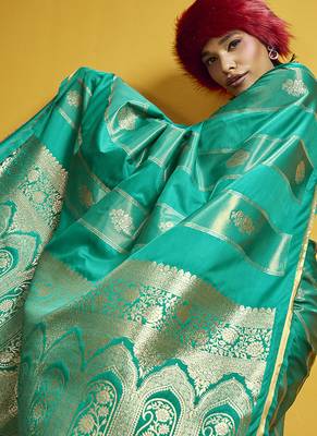 Sea green color satin silk blend handloom weaving saree 4