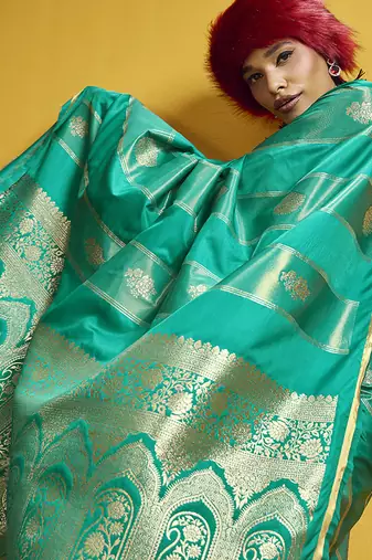 Sea green color satin silk blend handloom weaving saree