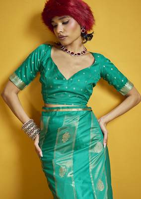 Sea green color satin silk blend handloom weaving saree 5