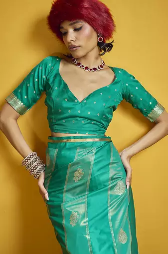 Sea green color satin silk blend handloom weaving saree