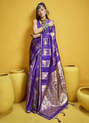 Violet color satin silk blend handloom weaving saree 1