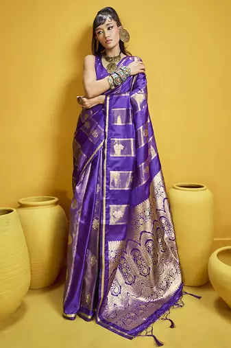 Violet color satin silk blend handloom weaving saree