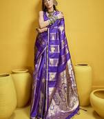 Violet color satin silk blend handloom weaving saree