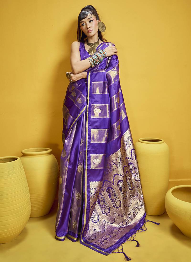 Violet color satin silk blend handloom weaving saree