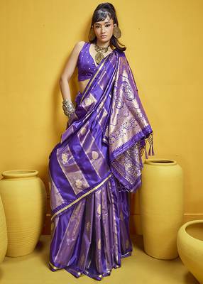 Violet color satin silk blend handloom weaving saree 2