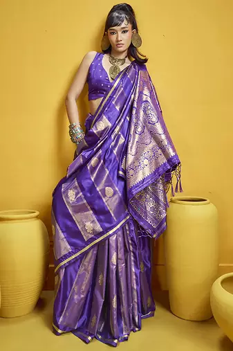 Violet color satin silk blend handloom weaving saree