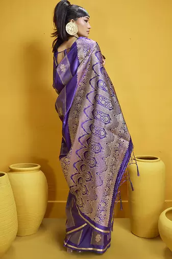 Violet color satin silk blend handloom weaving saree