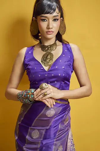Violet color satin silk blend handloom weaving saree