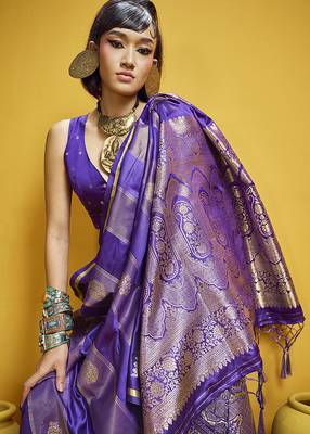 Violet color satin silk blend handloom weaving saree 5