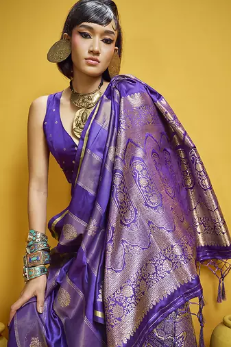 Violet color satin silk blend handloom weaving saree