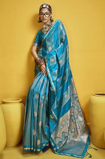 Aqua blue color satin silk blend handloom weaving saree