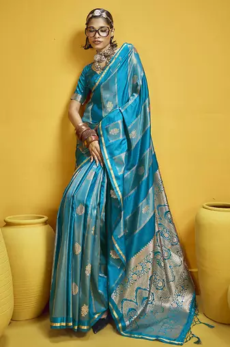 Aqua blue color satin silk blend handloom weaving saree