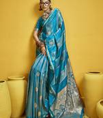 Aqua blue color satin silk blend handloom weaving saree