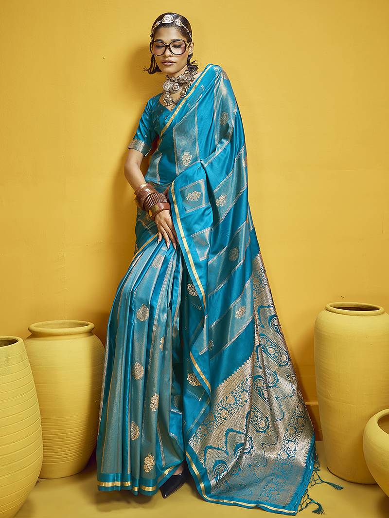 Aqua blue color satin silk blend handloom weaving saree