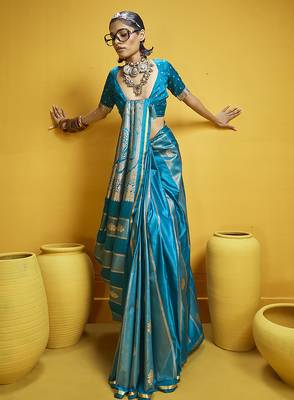 Aqua blue color satin silk blend handloom weaving saree 2
