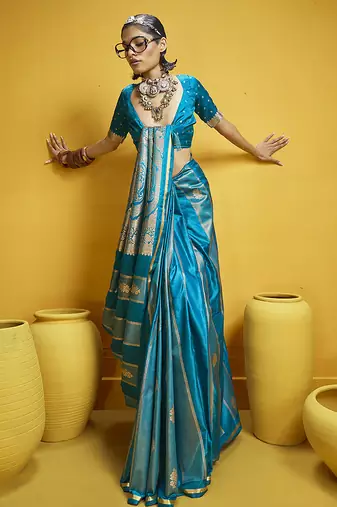 Aqua blue color satin silk blend handloom weaving saree