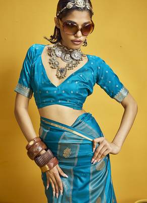 Aqua blue color satin silk blend handloom weaving saree 3