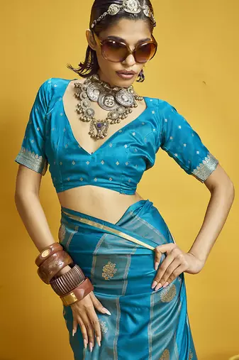 Aqua blue color satin silk blend handloom weaving saree