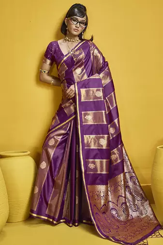 Purple color satin silk blend handloom weaving saree