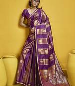 Purple color satin silk blend handloom weaving saree