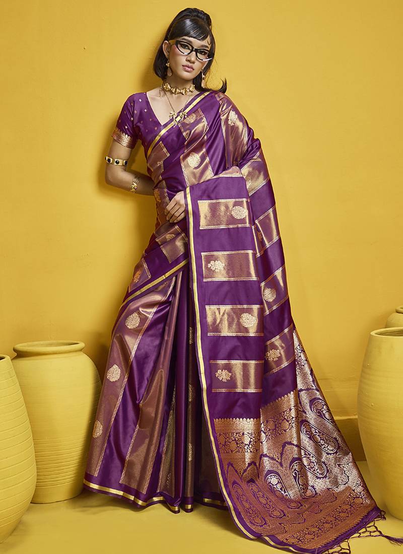 Purple color satin silk blend handloom weaving saree