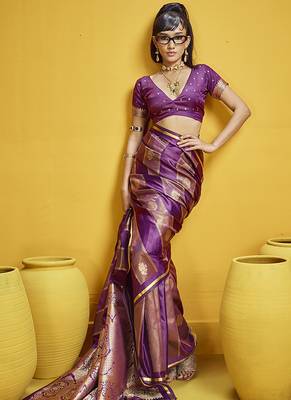 Purple color satin silk blend handloom weaving saree 2