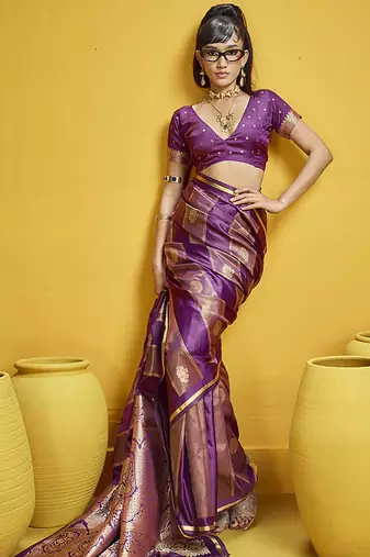 Purple color satin silk blend handloom weaving saree