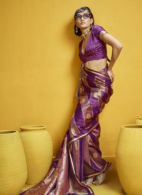 Purple color satin silk blend handloom weaving saree 3