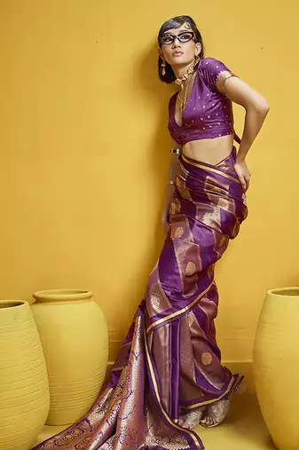 Purple color satin silk blend handloom weaving saree
