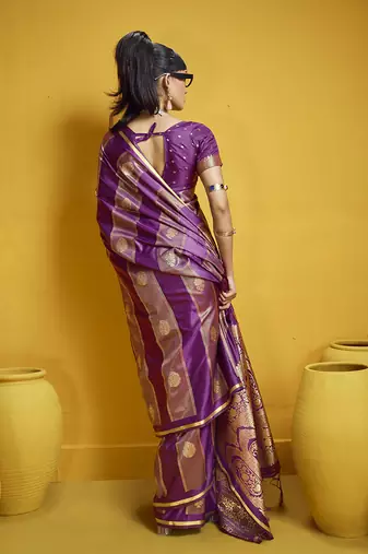 Purple color satin silk blend handloom weaving saree