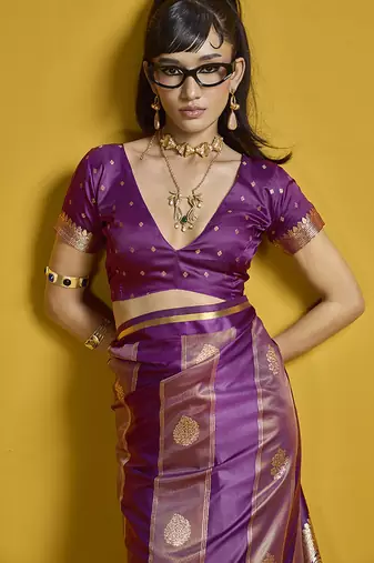 Purple color satin silk blend handloom weaving saree