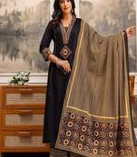 Floral printed cotton v neck black  kurta trouser & dupatta set