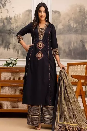Floral printed cotton v neck black  kurta trouser & dupatta set