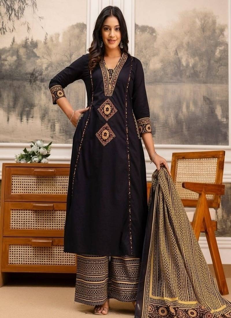 Floral printed cotton v neck black  kurta trouser & dupatta set