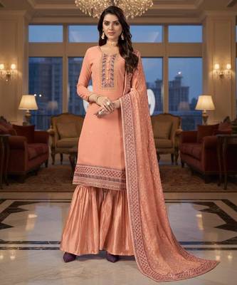 Women's peach embroidered faux georgette unstiched dress material with dupatta 1
