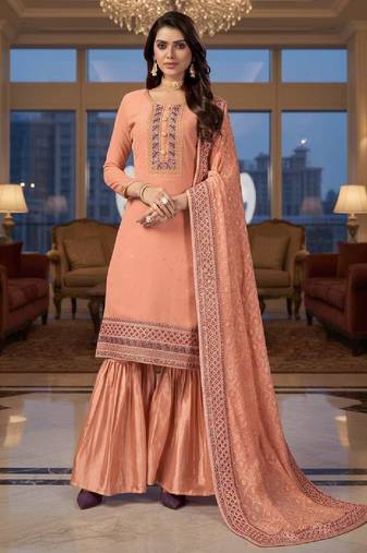 Women's peach embroidered faux georgette unstiched dress material with dupatta
